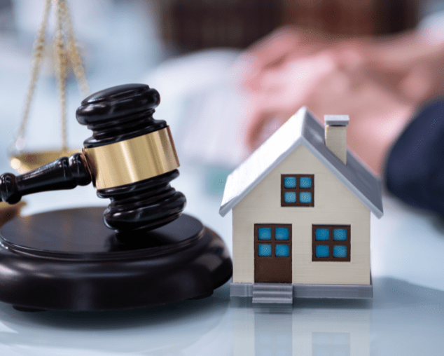 Real estate imagery of house and gavel