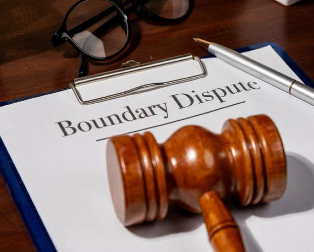 Real Estate Law Visualized by Boundary Dispute Paperwork with Gavel and Pen, Emphasizing Property Line Disagreements